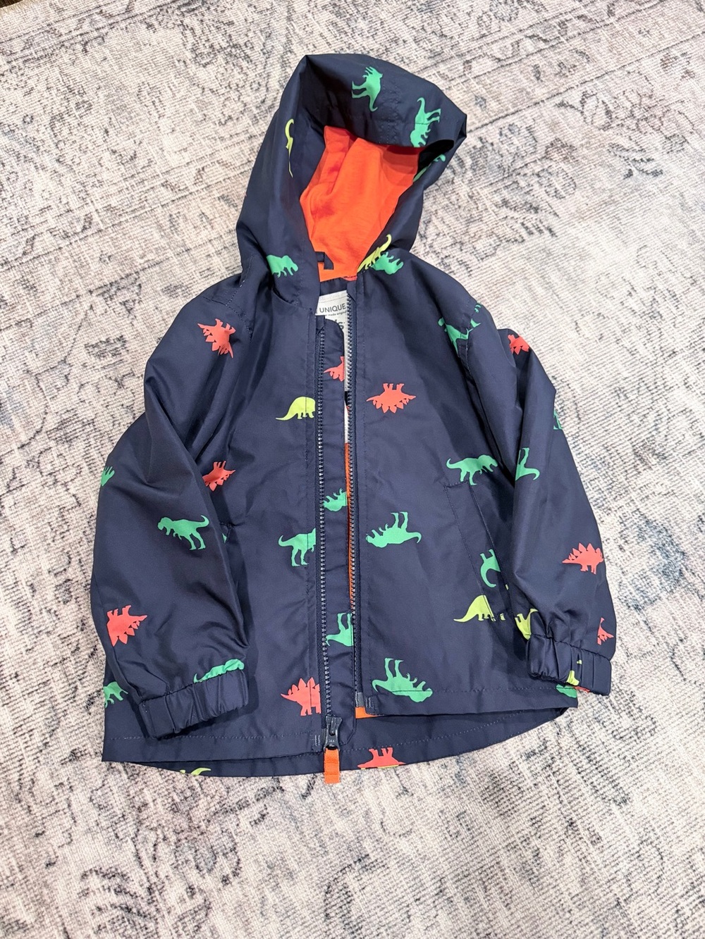 Carter's Navy Raincoat with Neon Dinosaur Prints and Orange Lining
